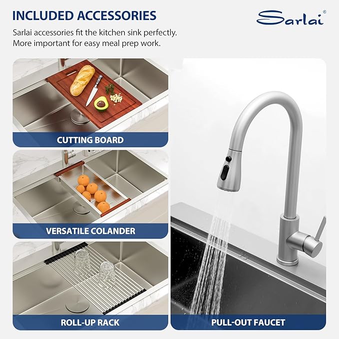 Sarlai 33 Drop In Kitchen Sink with Faucet- 33x22 Inch Drop Kitchen Sink Ledge Workstation Sinks 16 Gauge Stainless Steel Single Bowl Topmount Sinks Basin with Pull-out Faucet