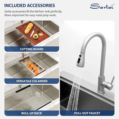 Sarlai 33 Drop In Kitchen Sink with Faucet- 33x22 Inch Drop Kitchen Sink Ledge Workstation Sinks 16 Gauge Stainless Steel Single Bowl Topmount Sinks Basin with Pull-out Faucet