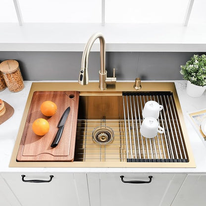 33x22 Drop in Kitchen Sink Gold - 16 Gauge Stainless Steel Single Bowl Workstation Sink with Accessories, 10 Inch Deep Topmount