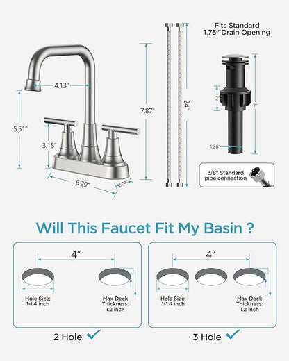 FORIOUS 4 Inch Centerset Bathroom Faucet 3 Hole, 2 Handle Brushed Nickel Faucet for Bathroom Sink with Pop Up Drain Assembly, Lead-Free Sink Faucet for Bathroom Vanity RV
