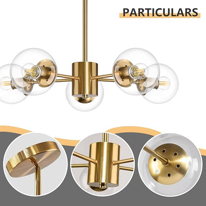 Bagood 5-Light Globe Sputnik Chandelier Gold Mid Century Sputnik Chandeliers Dimmable Globe Pendant Light Brushed Brass Finished with Clear Glass Lampshade Chandeliers for Dining Room Bedroom