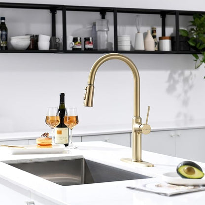 Kitchen Sink Faucets Brushed Gold, High-Arc Single Handle Kitchen Faucet with Pull Down Sprayer, Solid Brass Tall Kitchen Faucets 19 Inch