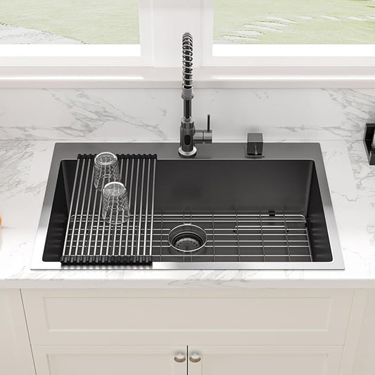 Sarlai 33 Black Kitchen Sink Drop In - 33x22 Inch Kitchen Sink Topmount Gunmetal Black 16 Gauge Stainless Steel Single Bowl Above Counter Rectangular Sinks Basin