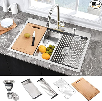 25 Inch Drop In Kitchen Sink Workstation-Hovheir 25x20 Stainless Steel Kitchen Sink Drop In Topmount Stainless Sinks 16 Gauge Deep Single Bowl Overmount Sinks with Cutting Board