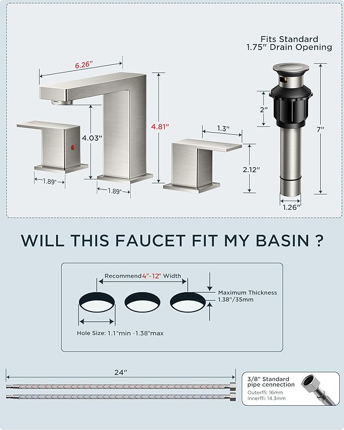 QFN Lead-Free Brushed Nickel Bathroom Faucet 3 Hole, Square Bathroom Sink Faucet 8 Inch Widespread, 2 Handle for 4"-12" Vanity Sink with Metal Pop Up Drain and 24" cUPC Supply Hoses