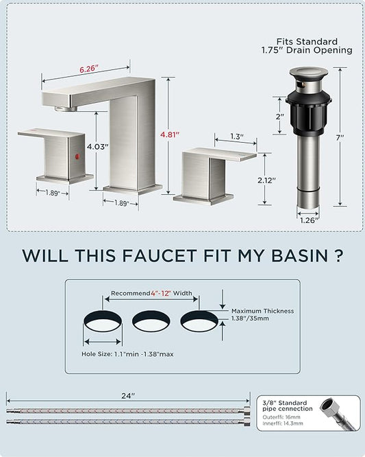 QFN Lead-Free Brushed Nickel Bathroom Faucet 3 Hole, Square Bathroom Sink Faucet 8 Inch Widespread, 2 Handle for 4"-12" Vanity Sink with Metal Pop Up Drain and 24" cUPC Supply Hoses