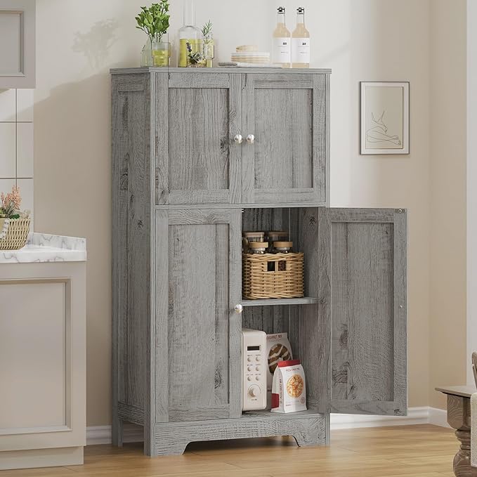 TEENFON Bathroom Floor Storage Cabinet, Freestanding Bathroom Storage Unit with 2 Adjustable Shelves & 4 Doors, 11.8 x 23.6 x 42.7 Inches, Grey