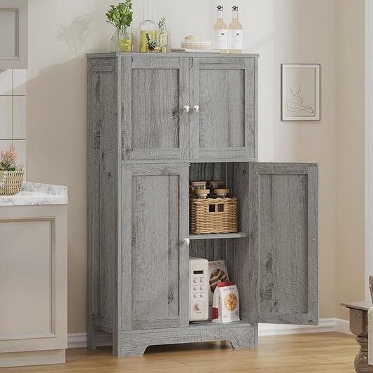 TEENFON Bathroom Floor Storage Cabinet, Freestanding Bathroom Storage Unit with 2 Adjustable Shelves & 4 Doors, 11.8 x 23.6 x 42.7 Inches, Grey