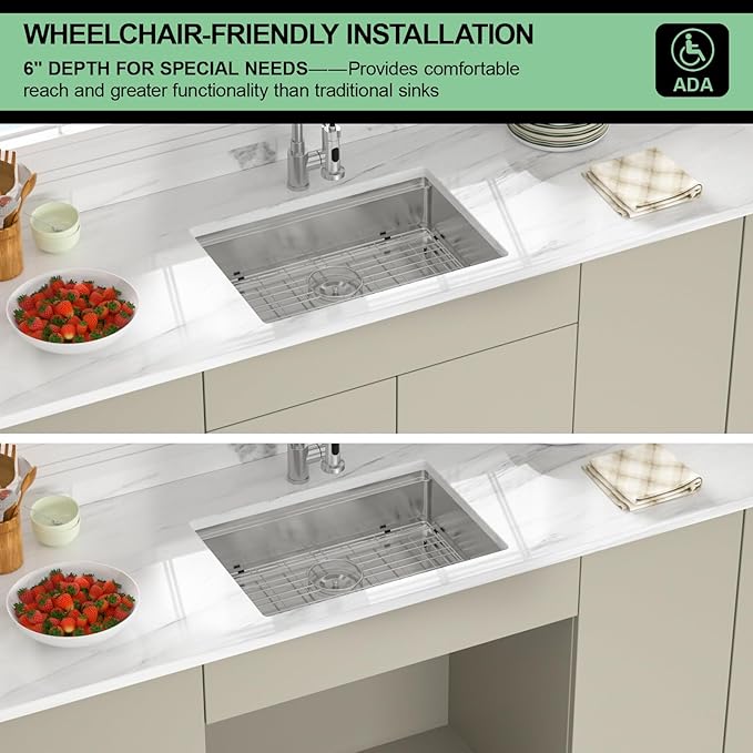 25 Inch Undermount Kitchen Sink - Beslend ADA 6 Inch Depth 25x18 Undermount Worksation Sinks Under Counter Stainless Steel 16 Gauge Mobility Friendly Sink for Wheelchair Accessible Kitchen