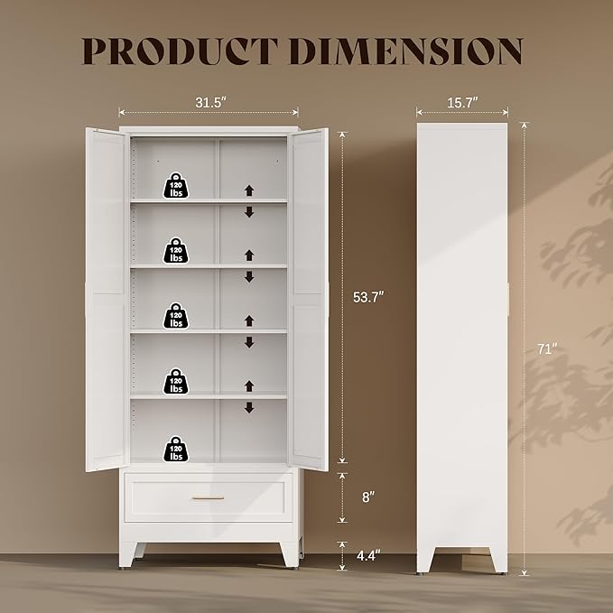 71“H Kitchen Pantry Cabinet with Drawers,Tall Kitchen Pantry Cabinets,Metal Food Storage Cabinets, White Pantry Cabinet with 4 Doors, Large Freestanding Cabinets for Dining Room, Living Room