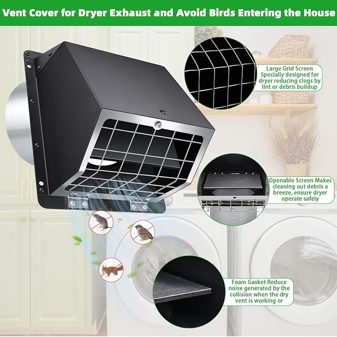 3 Inch Dryer Vent Cover Outside with Mesh and Damper,Metal Wall Vent Exhaust Vent Cover,Exterior Dryer Vent Hood Wall Mount Extractor Vent,Outdoor Dryer Vent Cover for House Laundry AC Air Vents-Black
