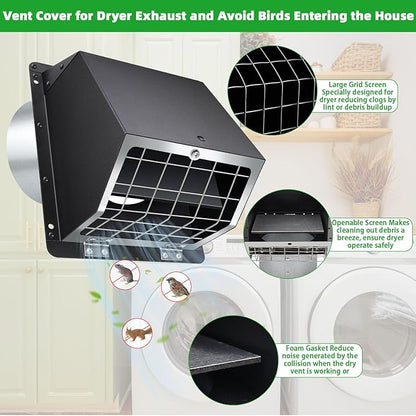 3 Inch Dryer Vent Cover Outside with Mesh and Damper,Metal Wall Vent Exhaust Vent Cover,Exterior Dryer Vent Hood Wall Mount Extractor Vent,Outdoor Dryer Vent Cover for House Laundry AC Air Vents-Black