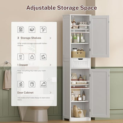 TEENFON 67" H Tall Bathroom Cabinet with 2 Doors & 1 Drawer, Narrow Bathroom Storage Cabinet with Adjustable Shelves, for Living Room, Entryway, Kitchen, White