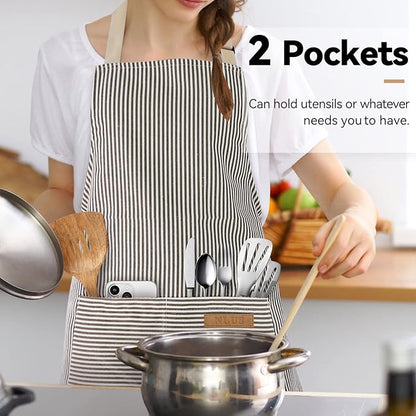 NLUS 2 Pack Kitchen Cooking Aprons, Adjustable Bib Soft Chef Apron with 2 Pockets for Men Women(Black/Brown Stripes)