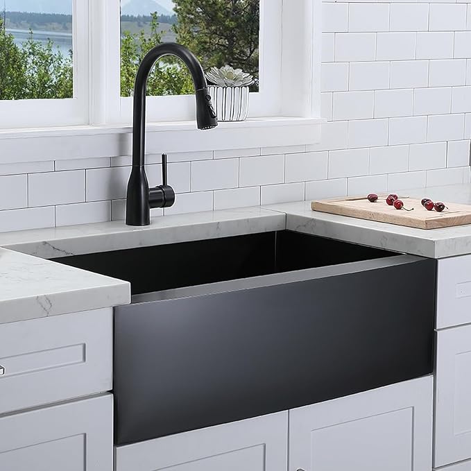 33 inch Black Farmhouse Sink, Modern Single Bowl Stainless Steel Apron Front Farmhouse Kitchen Sink with Dish Grid and Strainer