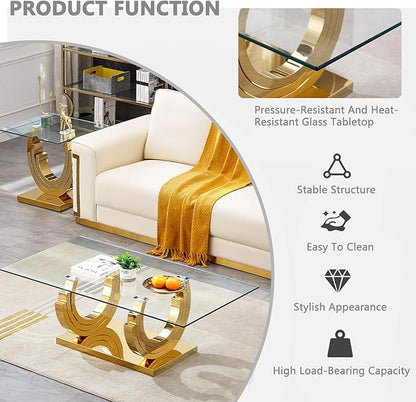 HomVent Glass Coffee Table Set of 2, 1 Console Table Living Room Set, 2 Piece Modern Gold Tempered Glass Top Side Tables Bedroom Set of 2 Rectangle Dinner Bedside Eating Sets for Living Room Bedroom