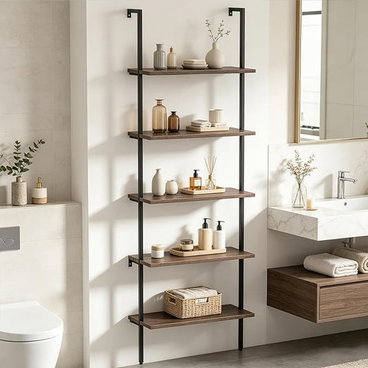 aboxoo Ladder Shelf Open Bookshelf 5-tier Wood Wall-mounted Bookcase Storage Rack Open Back Industrial Modern Plant Flower Stand Utility Organizer Bookcase Metal Frame Furniture Office Kitchen Bedroom