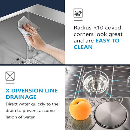 Kitchen Sink 33 x 22 Inch Drop-In Top Mount 16 Gauge Deep R10 Single Bowl 2-Hole Stainless Steel Kitchen Sink and Accessories (Pack of 4)
