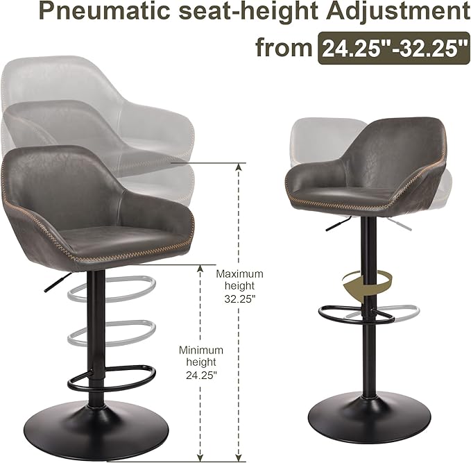 Glitzhome 3-Piece Pub Table and Chairs, Square Bar Height Adjustable Swivel PU Leather Bar Stools Set of 2, Rustic Dining Room Tables for Kitchen Island Bistro Office Living Room Small Space