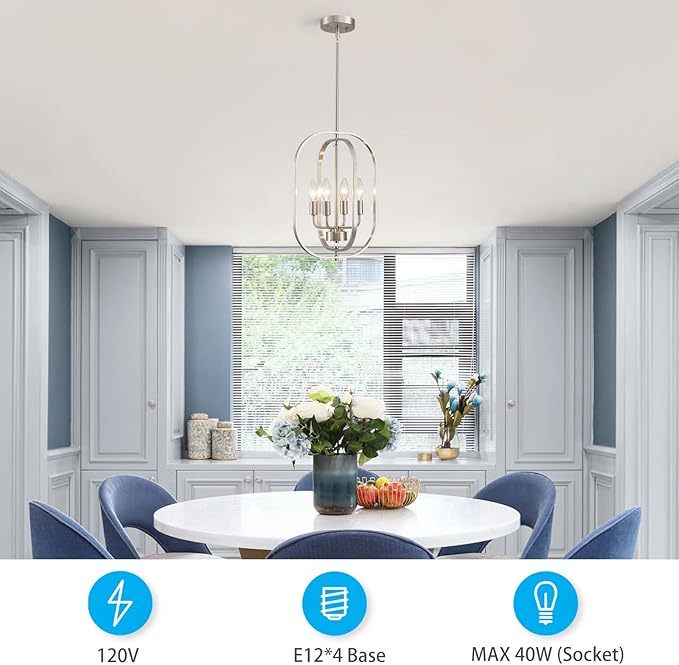 XINGQI 12.2" Modern Brushed Nickel Chandelier Farmhouse 4-Light for Dining Room Small Geometric Adjustable Rustic Pendant Lighting Fixture for Entryway Living Room Kitchen Foyer