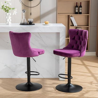 KEIKI Swivel Velvet Barstools，Upholstered Chairs Set of 2, Adjusatble Seat Height from 25-33 Inch for Home Pub, Kitchen Island, Dark Purple