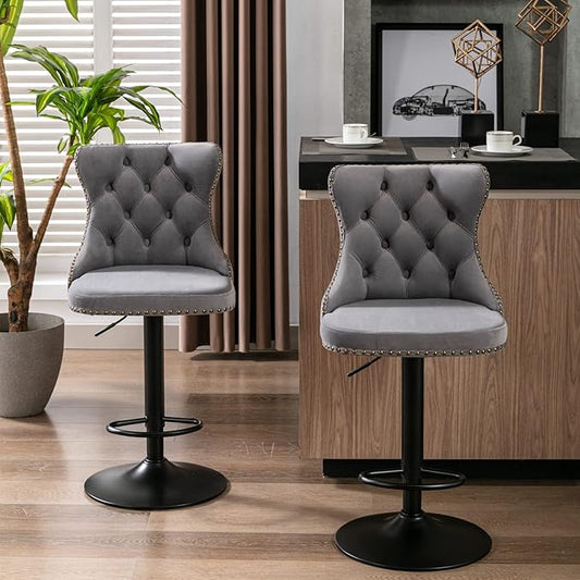 KEIKI Swivel Velvet Barstools，Upholstered Chairs Set of 2, Adjusatble Seat Height from 25-33 Inch for Home Pub, Kitchen Island, Gray