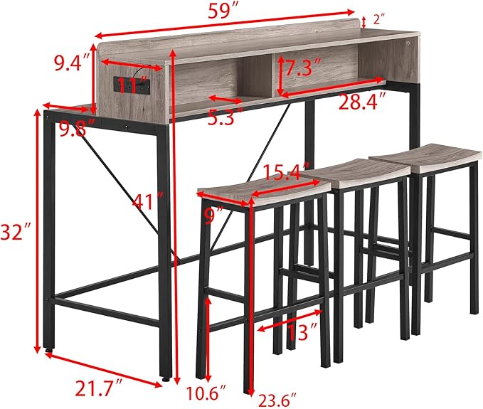 59" Bar Height Table and Chairs Set – Farmhouse Style Bar Table with 3 Saddle Stools, Perfect as Kitchen Table, Small Dining Table with Chairs, or Kitchen Island Seating Solution (Grey)