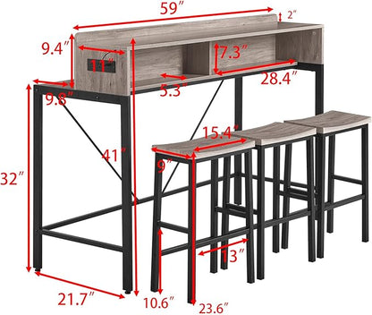 59" Bar Height Table and Chairs Set – Farmhouse Style Bar Table with 3 Saddle Stools, Perfect as Kitchen Table, Small Dining Table with Chairs, or Kitchen Island Seating Solution (Grey)