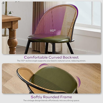 TYBOATLE Green Rattan Dinner Chairs Set of 4 with Faux Leather Cushion, Modern Dining Room Chairs w/Adjustable Foot Pads, Kitchen Boho Mid Century Upholstered
