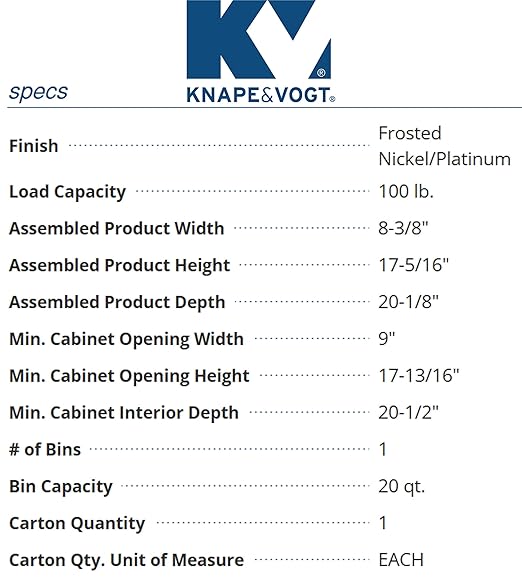 Knape & Vogt SCB9-1-20PT 8.375 inch x 20.125 inch x 17.313 inch 20 Qt. in-Cabinet Single Soft-Close Bottom-Mount Pull-Out Trash Can, Platinum
