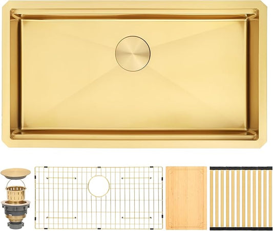 Gold Undermount Kitchen Sink 32 Inch, 16 Guage Stainless Steel Workstation Sinks with Ledge & Accessories, 32" x 18" x 6" Single Bowl ADA-Compliant Large Sink, 6 Inch Depth Gold ADA Sink