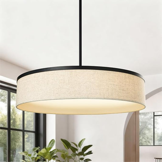 19.6 Inch Integrated LED Drum Chandeliers, 2800K Modern Fabric Pendant Light Fixture, Natural Linen and Black Finish, Large Semi Flush Mount Lighting for Dining Room Bedroom Kitchen Entryway