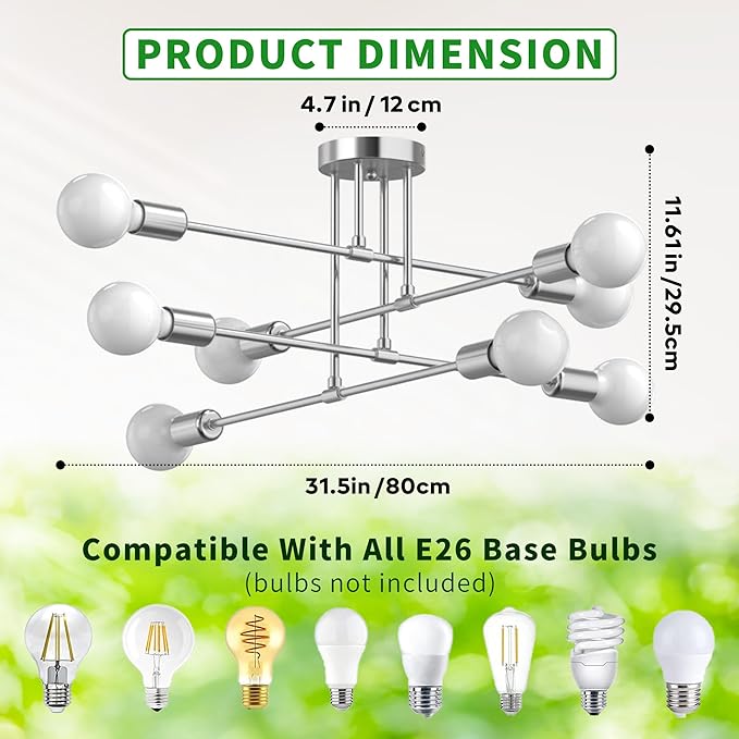 Modern Sputnik Chandelier Ceiling Light Fixtures, 8-Lights Mid Century Industrial Metal Semi Flush Mount for Dining Room, Bedroom, Living Room-Glossy Silver