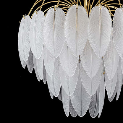 LumFurn 8-Light Gold Chandeliers, 4-Tier Modern Pendant Light Fixture for Dining Room, Living Room, D21 x H24~54" Adjustable Height, Frosted Feather-Shaped Glass Shade & Brass Finish Frame