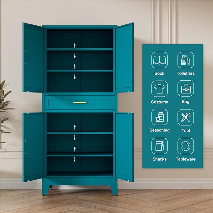 LCAOPC 71" Tall Pantry Storage Cabinet with Drawer and Adjustable Shelves, Freestanding Tall Kitchen Cupboard Storage Cabinet for Kitchen,Dining Room, Living Room, Blue