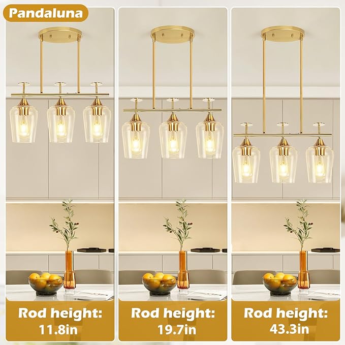 3-Light Pendant Lights Kitchen Island Lighting Fixtures Gold Linear Chandelier Dining Room Light Fixture Ceiling Hanging Modern Kitchen Chandeliers Over Table with Clear Glass Shades