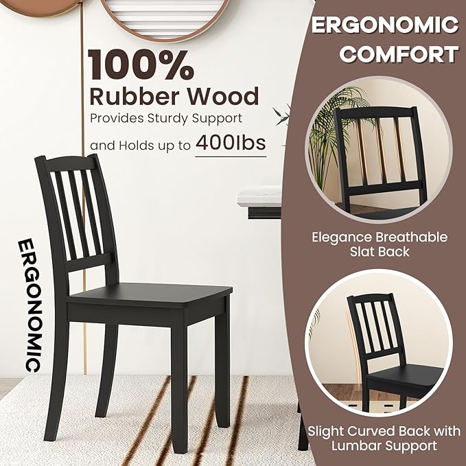 NAFORT Wood Dining Chairs Set of 2 Black, Armless Kitchen Chairs with Solid Rubber Wood Frame, Non-Slip Foot Pads, Max Load 400 Lbs, Farmhouse Seat Slat High Back Dining Room Chairs