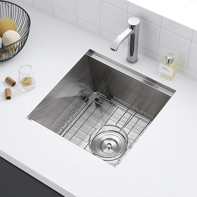 KINGO HOME 15x15 Inch Stainless Steel Small Undermount Bar Sink, Prep Sink Workstation Drop In RV Sinks 16 Gauge Ledge Kitchen Single Bowl Wet Bar with Accessories