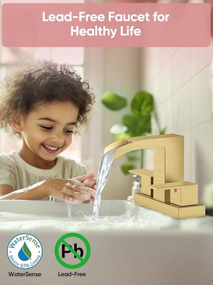 Cobbe Waterfall Bathroom Faucets 3 Hole, Brushed Gold Bathroom Sink Faucet Square 4 Inch Centerset with Pop-Up Drain, 2 Handle and 2 Supply Hoses, Lead-Free Stainless Steel for Vanity Sink Rv