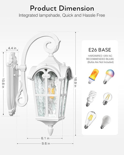 VIANIS White Porch Lights Outdoor, Outside Dusk to Dawn Light Fixtures Wall Mount, Exterior Lighting for House with Ripple Glass, Lantern Fixture for Patio Garage Front Coach, Anti-Rust Waterproof