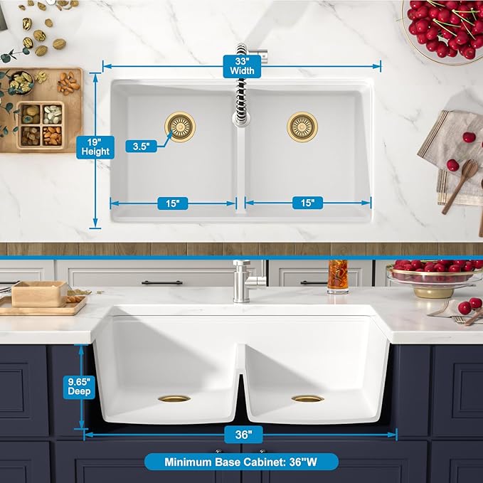 33 Inch Classic White Undermount Granite Composite Kitchen Sink Under Counter Quartz Double Bowl Sink Workstation Sinks with Accessories Quick Drain Noise Reduction Home Renovation Gold Accessories