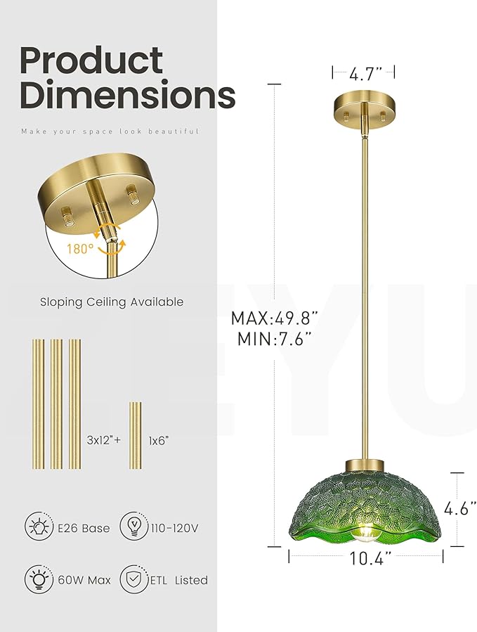 zeyu 10.4 Inch Vintage Kitchen Light Fixture, Hanging Ceiling Light Fixture, Brushed Gold Ceiling Pendant Light with Green Hammered Glass, ZJX116M1L BG G