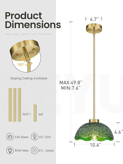 zeyu 10.4 Inch Green Glass Pendant Lightings, Brushed Gold 1 Light Island Light Fixtures, Hanging Lamps 2 Pack with Green Hammered Glass, ZJX116M1L-2PK BG G
