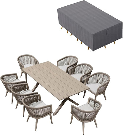 PURPLE LEAF Outdoor Dining Set with Waterproof Furniture Cover 9-Piece All-Weather Patio Set for 8 with Champagne Aluminum Table Rope Weave Chairs and Cushions, Champagne
