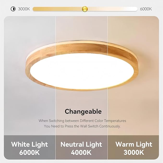 LED Ceiling Light Fixture 15.74, Handcrafted Natural Wood Modern Wabi-Sabi Style, 42W LED 3000K-4000K-6000K, Low Profile Lamp for Bedroom Kitchen Hallway Dining