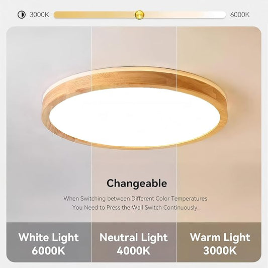 LED Ceiling Light Fixture 15.74, Handcrafted Natural Wood Modern Wabi-Sabi Style, 42W LED 3000K-4000K-6000K, Low Profile Lamp for Bedroom Kitchen Hallway Dining