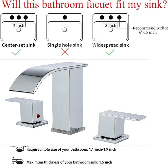 LED Bathroom Faucet 3 Hole, Chrome Waterfall Bathroom Faucets, 8 Inch Widespread Modern Bathroom Sink Faucet & Parts, Wide Spread Touch On Three Hole 2 Handle 3 Piece Bathroom Vanity Faucet