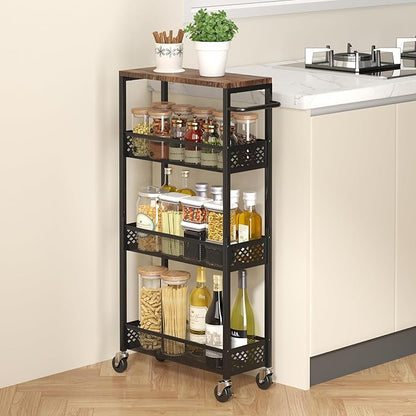 XYZLVSI Slim Storage Cart 4 Tier Narrow Kitchen Rolling Cart on Wheels for Small Space, Mobile Utility Cart Shelving Unit with Wooden Top and Metal Handle for Kitchen, Bathroom, Laundry Room