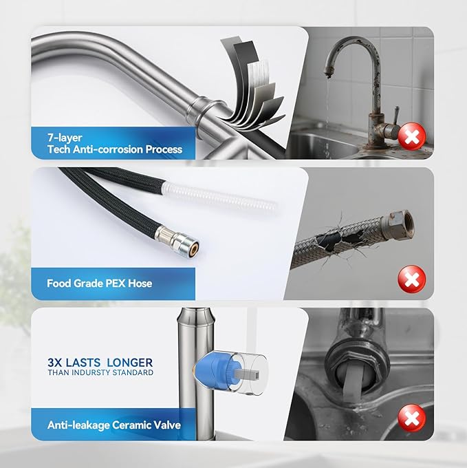 Arofa Kitchen Faucet with Pull Down Sprayer, Brushed Nickel Kitchen Sink Faucet 1-3 Hole Single Handle High Arc Stainless Steel Commercial Modern Kitchen Faucets for RV/Laundry/Outdoor/Bathroom Sink