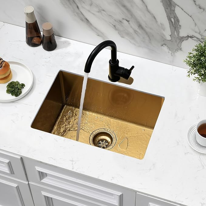 Gold Undermount Kitchen Sink, 22x16 Gold Kitchen Sink Undermount Utility Sinks Stainless Steel 18 Gauge Single Bowl Wet Bar Sinks with Basket Strainer
